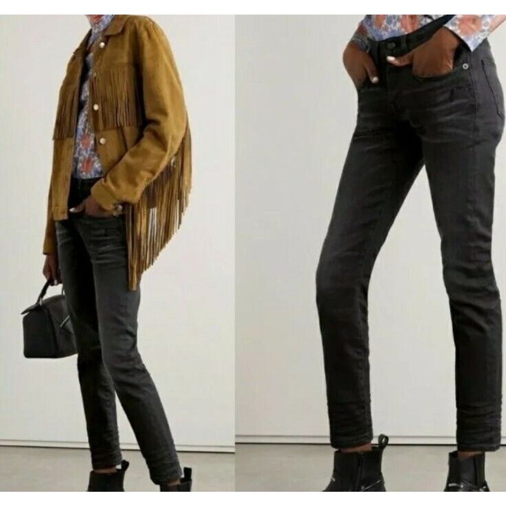 R13 Jenny Mid Rise Jeans in Dirty Black Distressed Denim Sz 25 Made in Italy (h